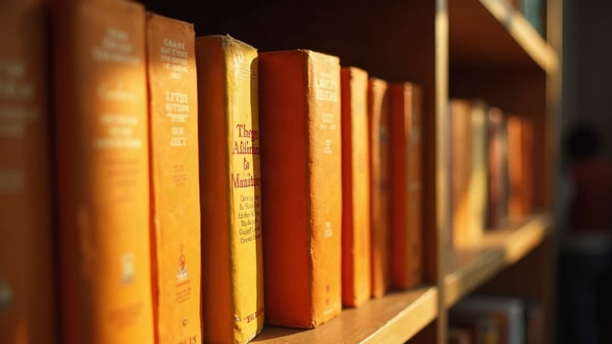 Faded orange paperback spines lined up on a sunlit shelf