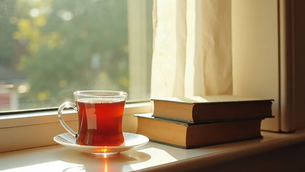 A cup of tea beside a small stack of worn paperbacks on a sunny windowsill