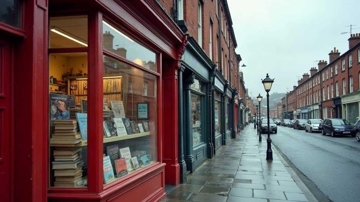 A Belfast street of red brick Victorian shopfronts with wet pavement under grey cloud