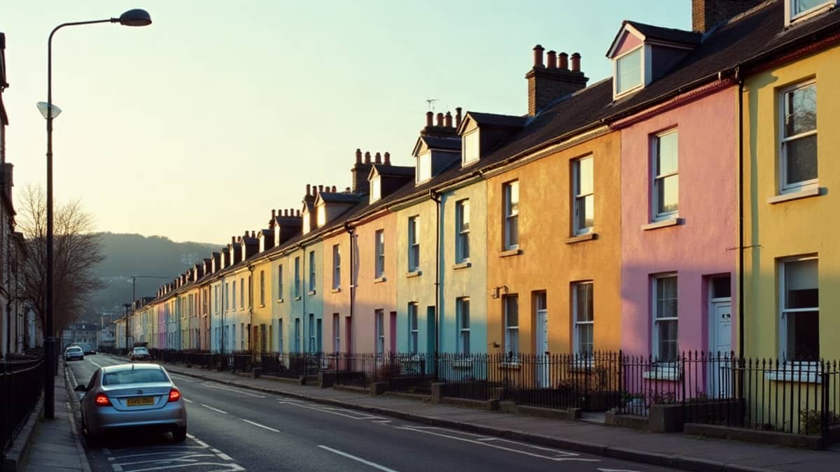 Colourful terraced houses climbing a steep hill in warm evening light