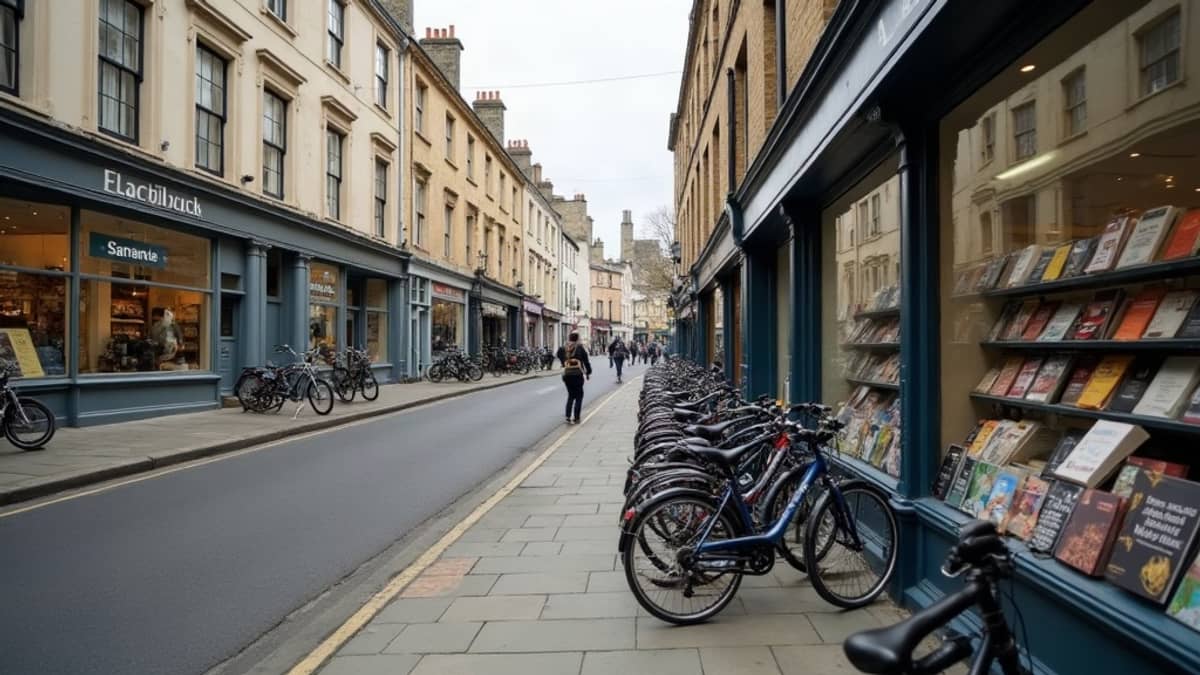 A Cambridge street lined with parked bicycles, hardbacks stacked in a shop window