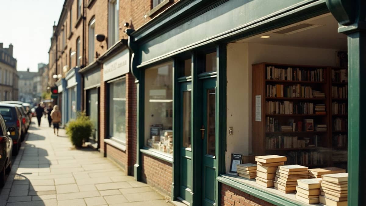 A sunny British high street with a shop window full of books