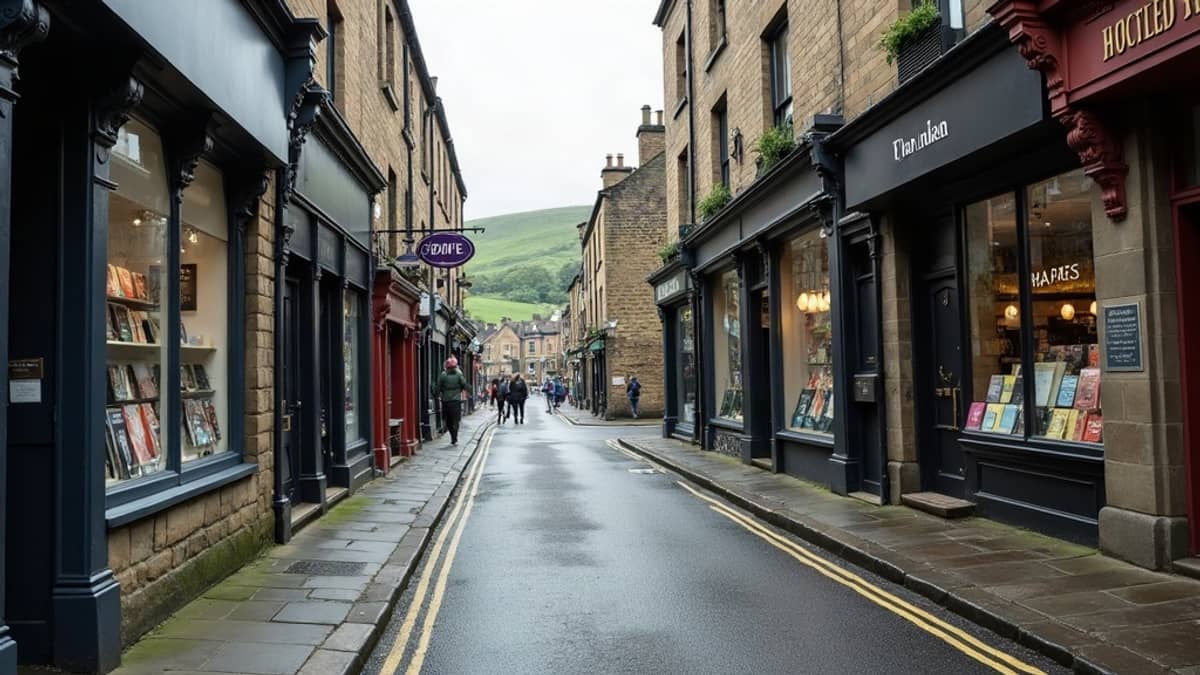 A Sheffield high street climbing a hill, with green moorland visible beyond the rooftops