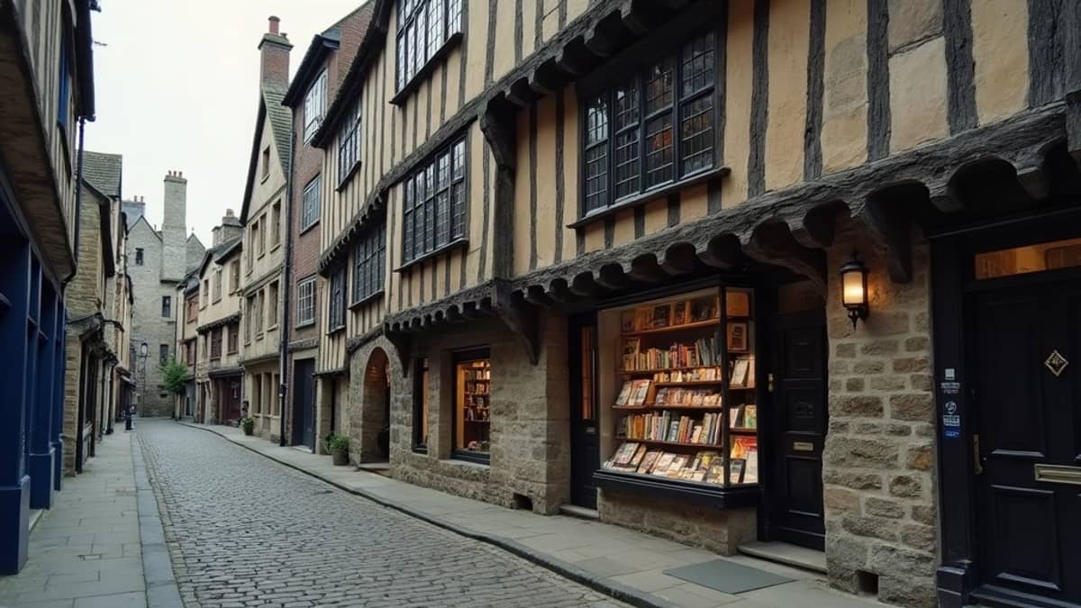 A narrow cobbled York lane with timber-framed upper floors leaning overhead