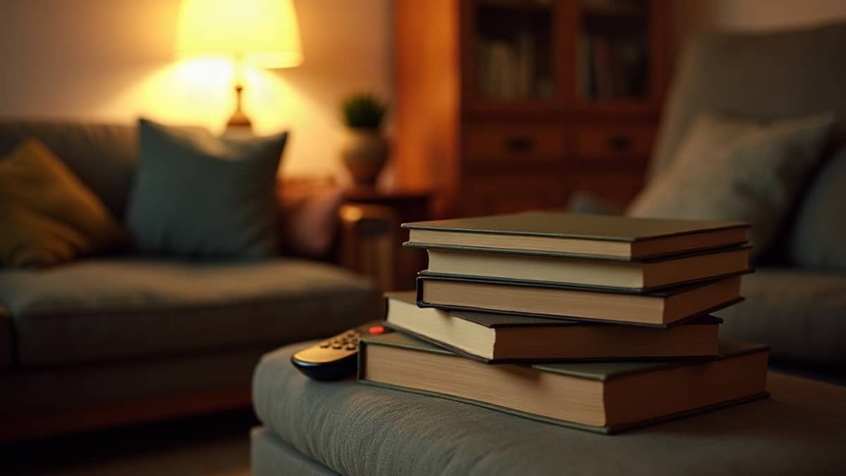 A pile of matching paperbacks on a sofa arm beside a television remote, in lamplight