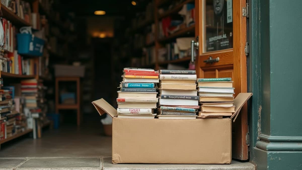 A cardboard box overflowing with donated books beside a storeroom door