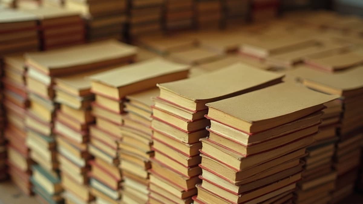 Rows of nearly identical paperbacks stacked together
